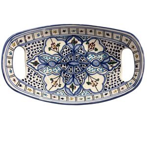 Poterie Slama Tunisian Ceramic Serving Bowl Blue White Hand Painted Oval 11 in